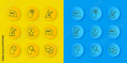 Set line Broken heart or divorce, Metronome with pendulum, Man graves funeral sorrow, Comedy and tragedy masks, Psychology, Psi, Question Answer, and icon. Vector