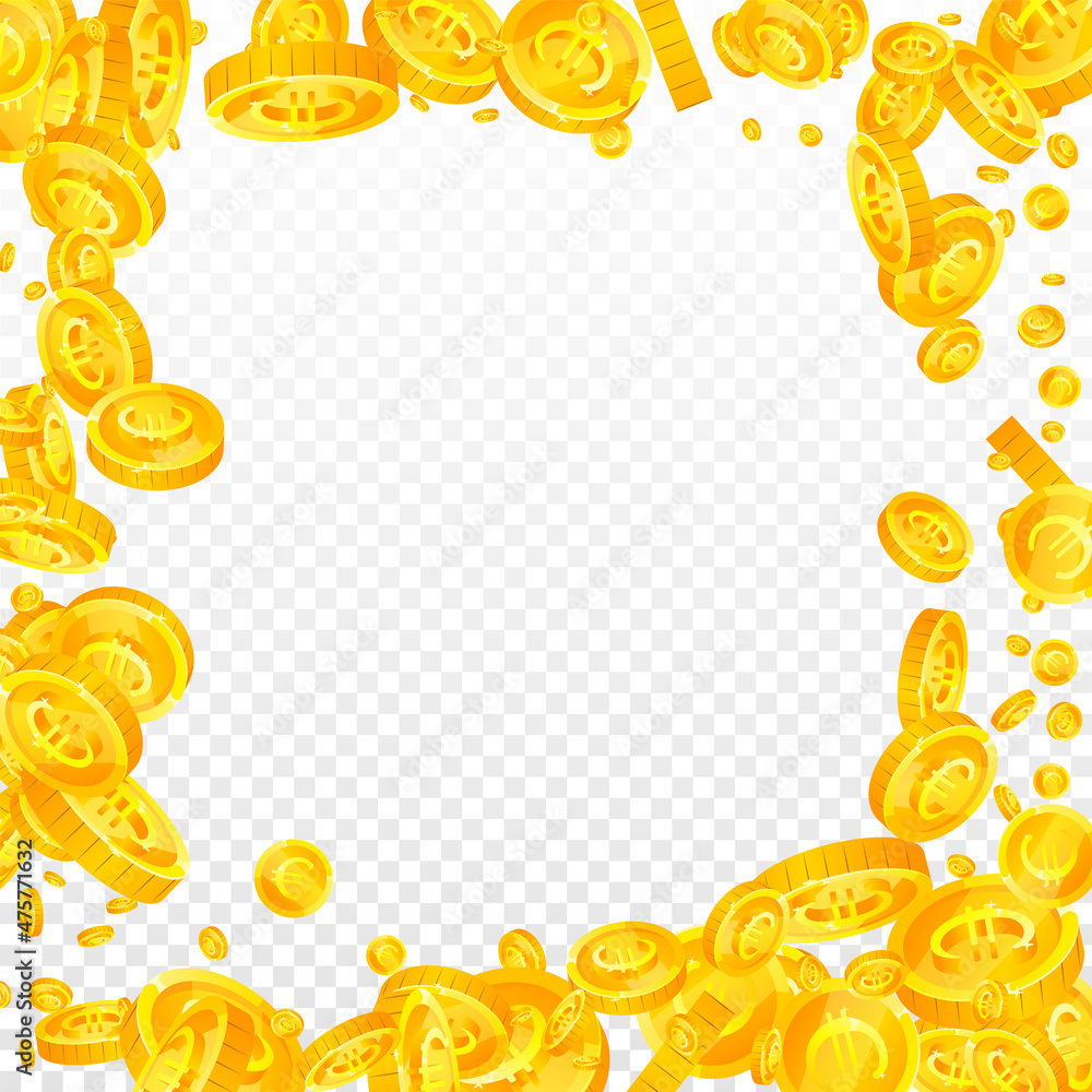 European Union Euro coins falling. Emotional scattered EUR coins. Europe money. Stunning jackpot, wealth or success concept. Vector illustration. European Union Euro coins falling. Emotional scattered EUR coins. Europe money. Stunning jackpot, wealth or success concept. Vector illustration.