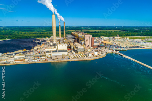 Aerial Overhead View of Large Coal Fired Power Plant
