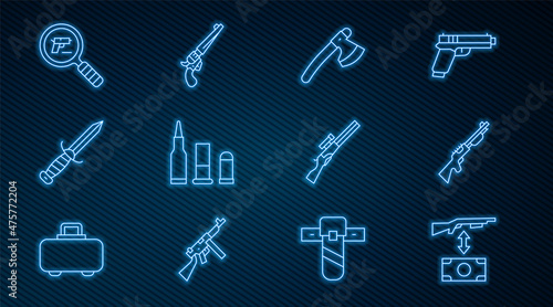 Set line Buying assault rifle, Hunting gun, Wooden axe, Bullet, Military knife, Pistol or search, and Revolver icon. Vector