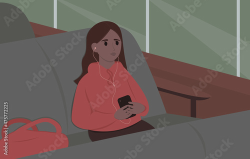 A long trip by train or intercity bus. A young woman is sitting on a public transport chair, looking out the window and listening to music through her phone, with a travel bag next to her. Vector flat