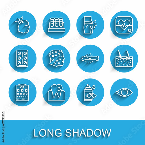 Set line Eye test chart, Tooth with caries, Man having headache, drop bottle, Blindness, Psoriasis or eczema rash, Hair covering skin and Bone pain icon. Vector