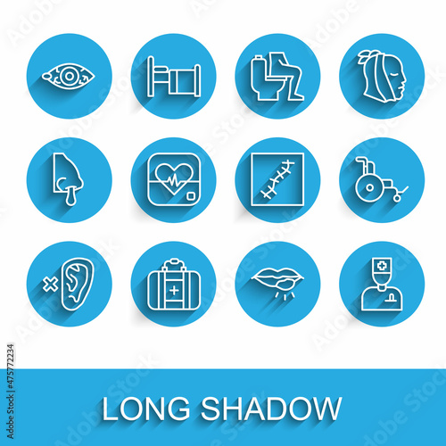 Set line Deaf, First aid kit, Reddish eye, Herpes lip, Male doctor, Heart rate, Wheelchair and Scar with suture icon. Vector