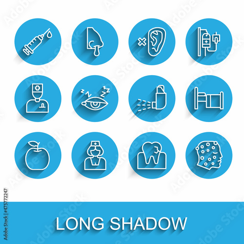 Set line Apple, Nurse, Syringe, Tooth with caries, Psoriasis or eczema rash, Insomnia, Hospital bed and Inhaler icon. Vector