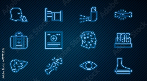 Set line Flat foot, Test tube with blood, Inhaler, Clinical record, First aid kit, Vomiting man, Psoriasis eczema rash and Hospital bed icon. Vector