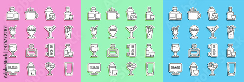 Set line Glass with water, Alcohol drink Rum, Cocktail, shaker, bar location, Whiskey bottle and glass and Martini icon. Vector