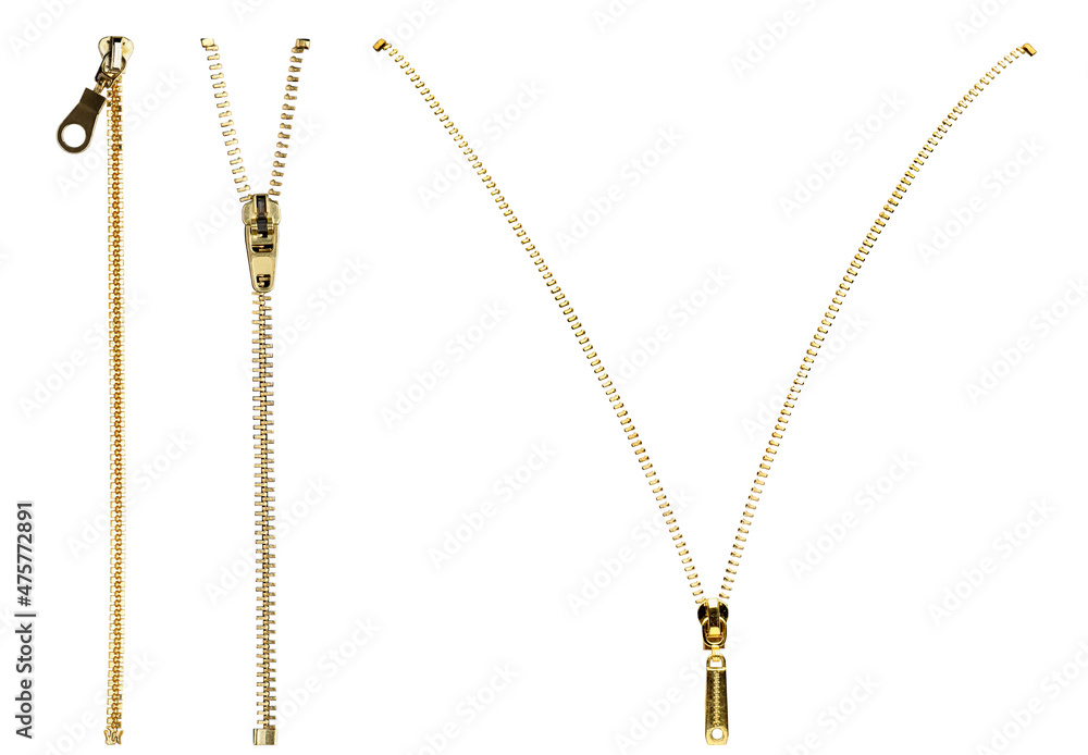 Set with metal zippers on white background Set with metal zippers on white background