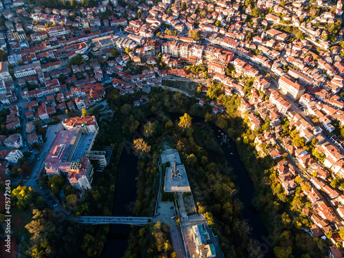 Aerial Sunset view of city of Veliko Tarnovo  Bulgaria