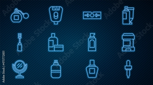 Set line Pipette, Antiperspirant deodorant roll, Acne, Cream lotion cosmetic tube, Mascara brush, Perfume, Spray can for hairspray and Epilator icon. Vector