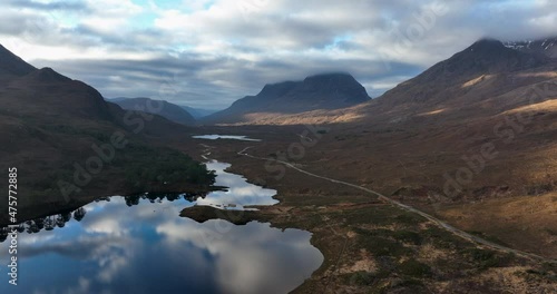 aerial footage of the mountains and munros of the torridon region of the north west highlands of scotland showing liathach, beinn eighe and sgurr dubh on a winters day
