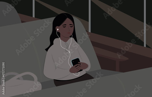 A young woman rides at night in an intercity bus. A girl riding on a train dozed off while listening to music from her smartphone. Flat vector illustration
