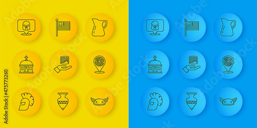 Set line Greek helmet, Santorini building, Ancient column, Helmet with wings, Minotaur labyrinth, Bottle of olive oil and Greece national flag icon. Vector