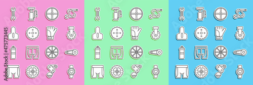 Set line Smart watch, Bicycle chain with gear, Derailleur bicycle rear, wheel, sprocket crank, seat, Wrench spanner and Gloves icon. Vector