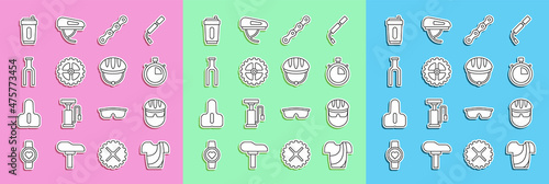 Set line Cycling t-shirt, Bicycle helmet, Stopwatch, chain, sprocket crank, fork, Sport bottle with water and icon. Vector