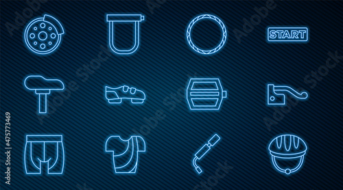 Set line Bicycle helmet, brake, wheel, shoes, seat, disc, pedal and lock icon. Vector
