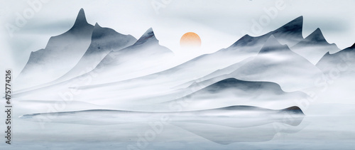 Art watercolor background with mountains and hills in the clouds in blue. Landscape banner in oriental ink style for decoration, print for home decor