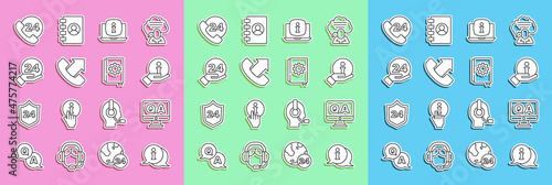 Set line Information, Question and Answer, Laptop with information, Telephone 24 hours support, and User manual icon. Vector