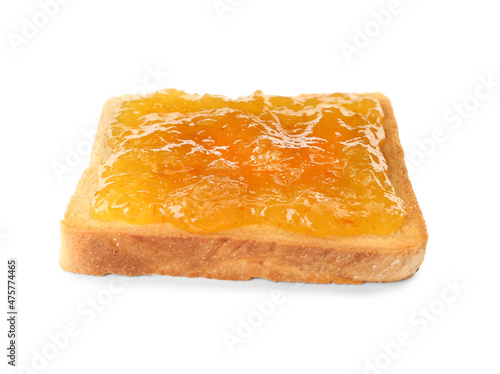 Toast with tasty orange jam on white background