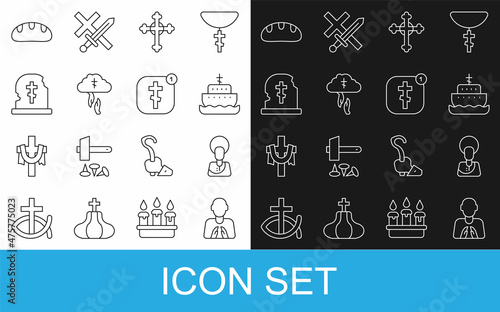 Set line Hands in praying position, Jesus Christ, Ark of noah, Christian cross, God's helping hand, Grave with tombstone, Bread loaf and Online church pastor preaching icon. Vector