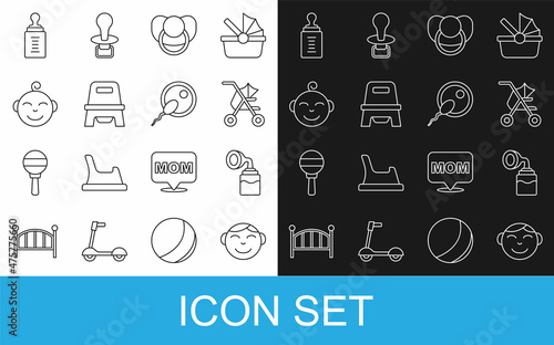 Set line Little boy head, Breast pump, Baby stroller, dummy pacifier, potty, bottle and Sperm icon. Vector