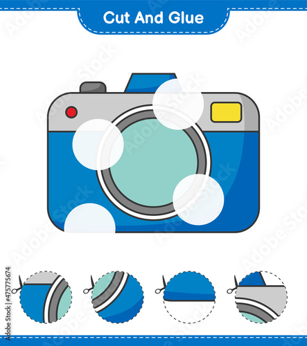 Cut and glue, cut parts of Camera and glue them. Educational children game, printable worksheet, vector illustration