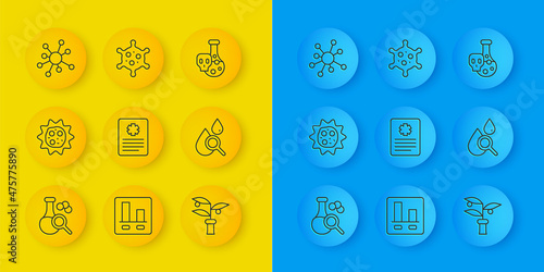 Set line Test tube, Virus, Patient record, Plant breeding, Drop and magnifying glass, Molecule, with toxic liquid and icon. Vector