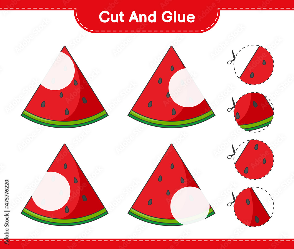 Cut and glue, cut parts of Watermelon and glue them. Educational children game, printable worksheet, vector illustration Cut and glue, cut parts of Watermelon and glue them. Educational children game, printable worksheet, vector illustration