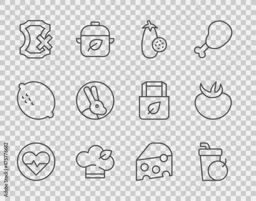 Set line Heart rate, Fresh smoothie, Eggplant, Vegan food diet, No leather, Rabbit, Cheese and Tomato icon. Vector