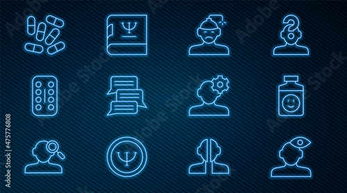 Set line Solution problem in psychology, Antidepressants, Concussion, headache, Online psychological counseling, Sedative pills, Medicine or tablet, and Psychology book icon. Vector