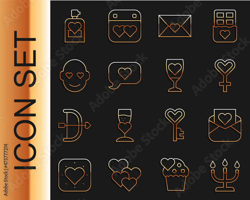 Set line Candlestick, Envelope with Valentine heart, Female gender symbol, Heart speech bubble, Romantic man, Perfume and Glass of champagne icon. Vector