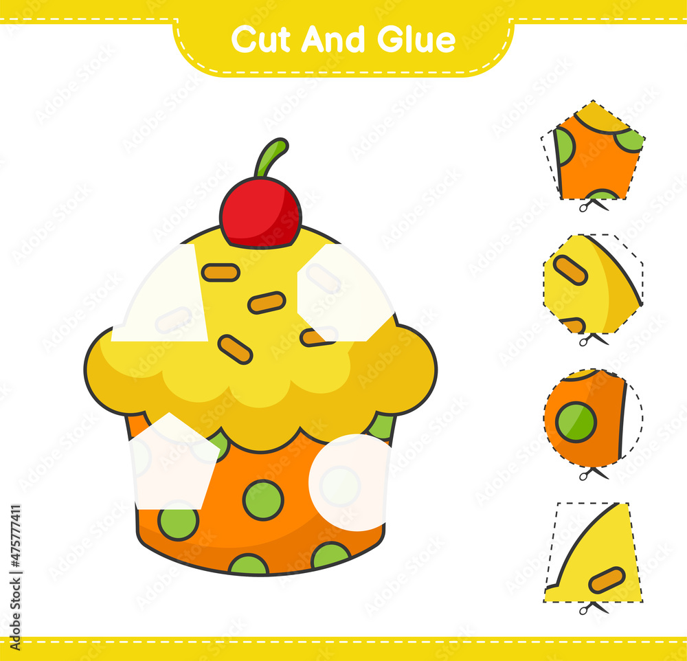 Cut and glue, cut parts of Cup Cake and glue them. Educational children game, printable worksheet, vector illustration Cut and glue, cut parts of Cup Cake and glue them. Educational children game, printable worksheet, vector illustration