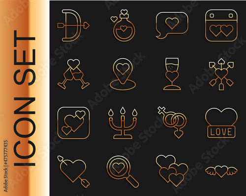 Set line Heart with wings, Amour heart and arrow, speech bubble, Location, Glass of champagne, Bow and icon. Vector