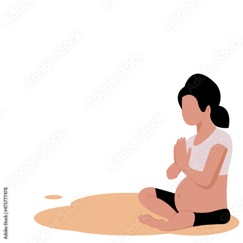 Pregnant woman sitting yoga. No face woman Pregnant Asana yoga Pose with text s on white background.Vector isolate flat design concept for exercising during pregnancy is good for mum and baby.