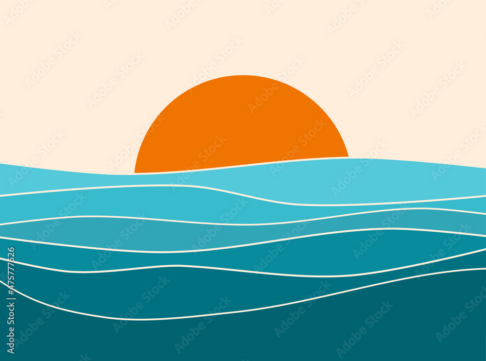 Sunset landscape boho 70's style retro graphic design, blue water ocean waves with abstract vintage art illustration, orange sun color gradient, card, poster, sticker design, simple nature element - obrazy, fototapety, plakaty 