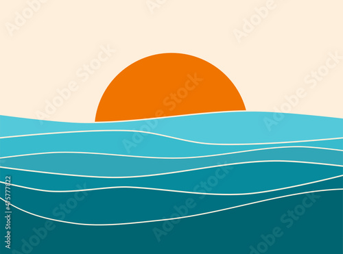Sunset landscape boho 70's style retro graphic design, blue water ocean waves with abstract vintage art illustration, orange sun color gradient, card, poster, sticker design, simple nature element © lyonstock