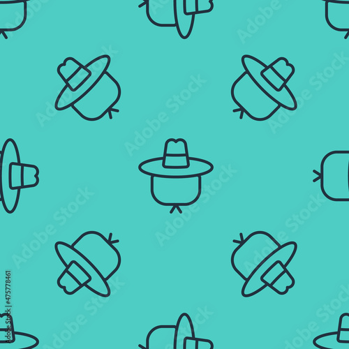 Black line Camping hat icon isolated seamless pattern on green background. Beach hat panama. Explorer travelers hat for hunting, hiking, tourism. Vector