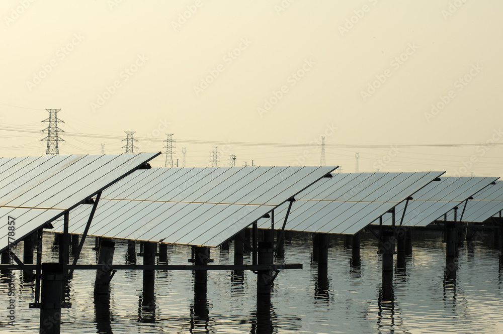 Solar panels, photovoltaic power transmission. Alternative power sources, sustainable resource concept Solar panels, photovoltaic power transmission. Alternative power sources, sustainable resource concept