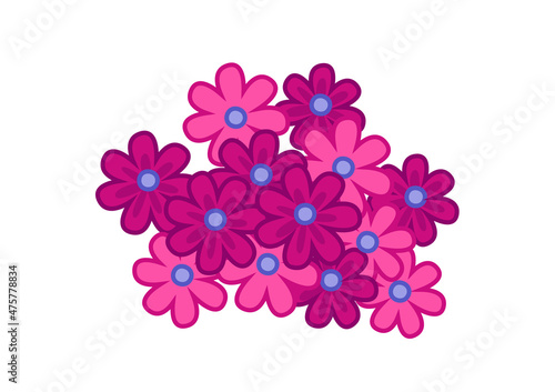 Pink small flowers with a dark outline. Vector illustration in cartoon children s style. Isolated funny clipart on a white background. Cute floral print.