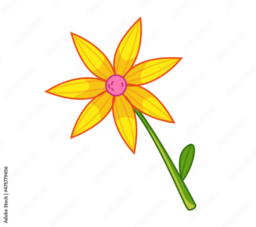 A yellow flower with sharp petals. Vector illustration in cute cartoon childish style. Isolated funny clipart on a white background. Cute floral print. A yellow flower with sharp petals. Vector illustration in cute cartoon childish style. Isolated funny clipart on a white background. Cute floral print.