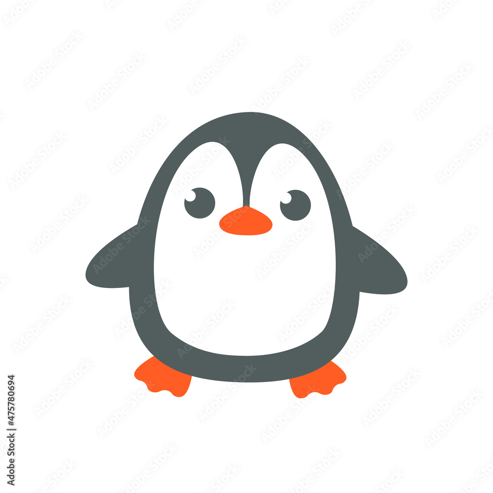 Obraz premium Cute cheerful gray fat penguin. Vector illustration of animal character in cartoon childish style. Isolated funny clipart on a white background. Cute print.