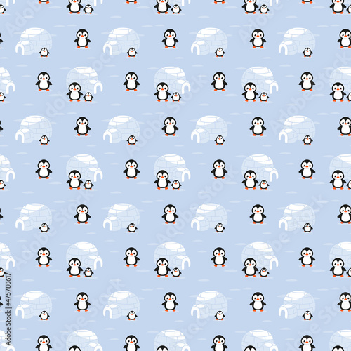 Seamless pattern with penguin and igloo houses among ice floes and arctic snows on a white background. Vector illustration in minimalistic flat style, hand-drawn. Christmas print for textiles.