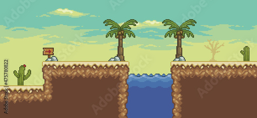 Pixel art desert game scene with  , oasis, palm tree, cactuses, direction board 8bit background