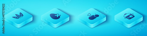Set Isometric Leaf, No egg, Cooking pot and chicken leg and Apple icon. Vector