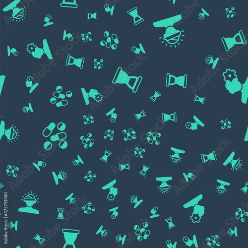 Set Old hourglass, Concussion, headache, Medicine pill or tablet and Solution problem psychology on seamless pattern. Vector