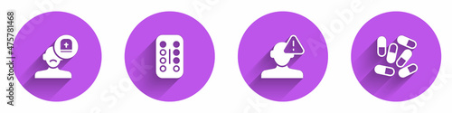 Set Male doctor, Sedative pills, Finding problem in psychology and Medicine tablet icon with long shadow. Vector