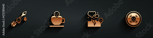 Set Poison on the arrow, Coffee cup with skull, Poisonous cloud gas or smoke and Bones and icon with long shadow. Vector