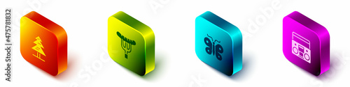 Set Isometric Tree, Sausage on the fork, Butterfly and Home stereo with two speakers icon. Vector