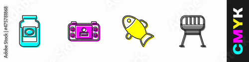 Set Jam jar, Portable video game console, Fish and Barbecue grill icon. Vector
