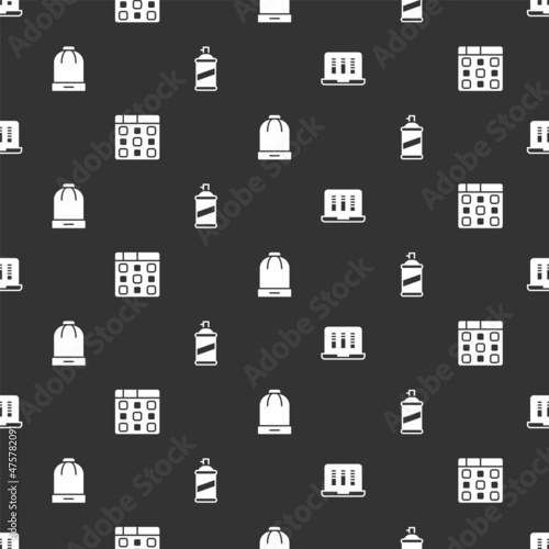 Set Sound or audio recorder, Drum machine music, Winter hat and Paint spray can on seamless pattern. Vector