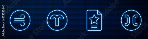Set line Star constellation zodiac, Windy weather, Aries and Pisces. Glowing neon icon on brick wall. Vector